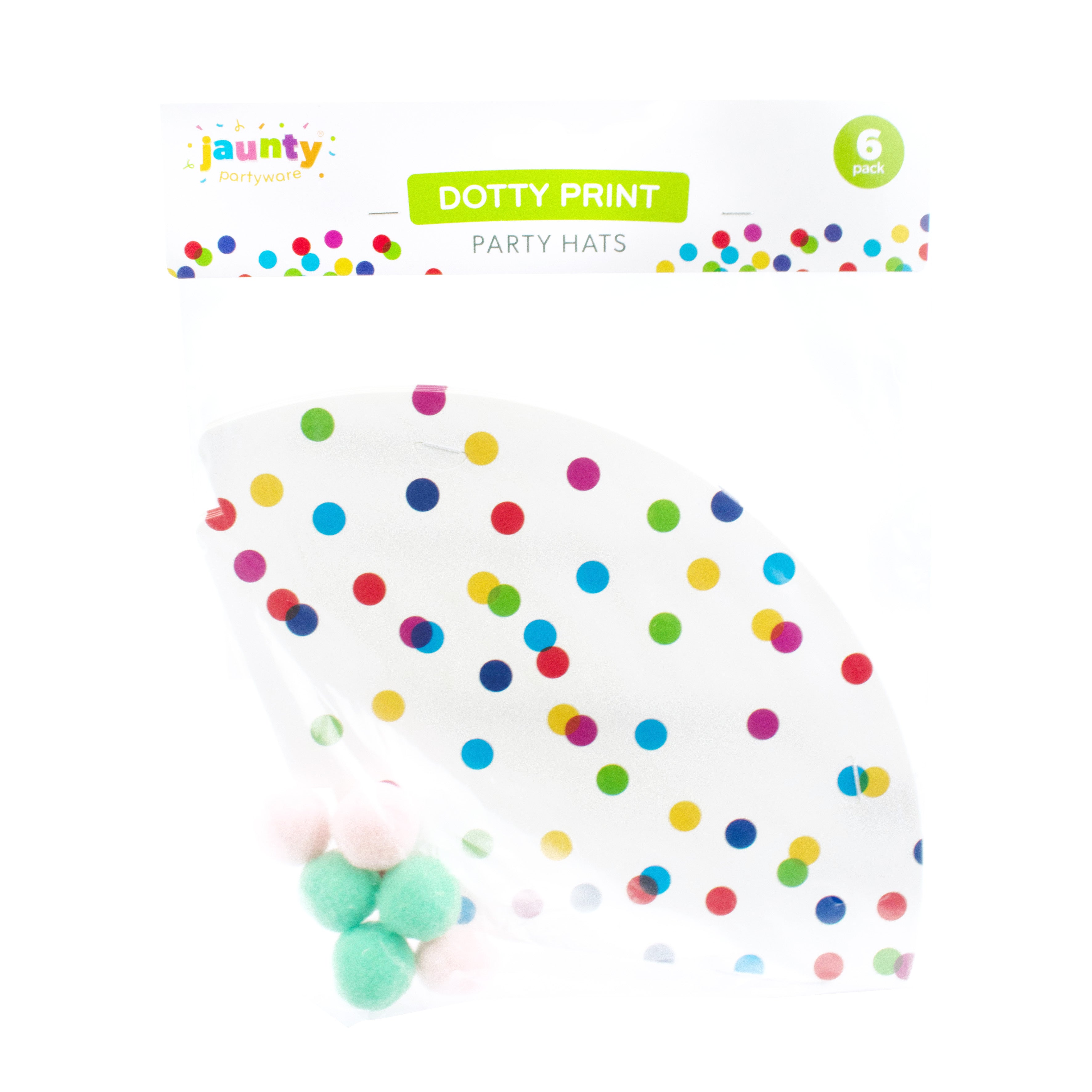 Jaunty 6" Confetti Print Party Hats With Pom Pom 6pcs